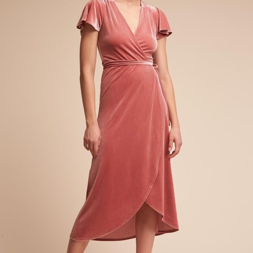 BHLDN rose colored velvet flutter sleeve wrap dress in XL.  Excellent condition